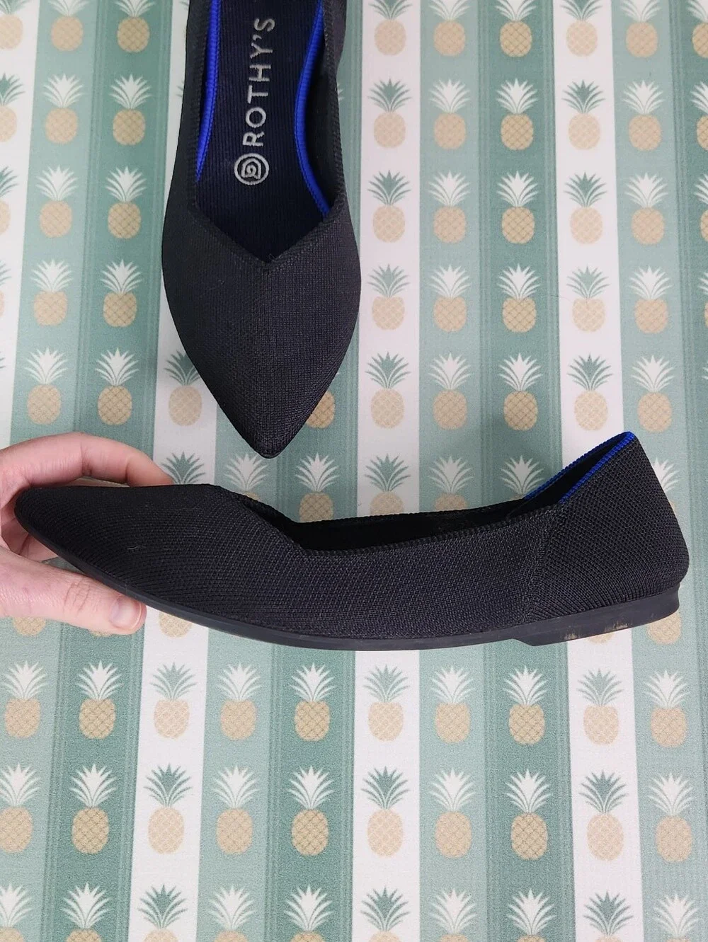 Rothy's Black Pointed Toe Knit Flats with Blue Trim